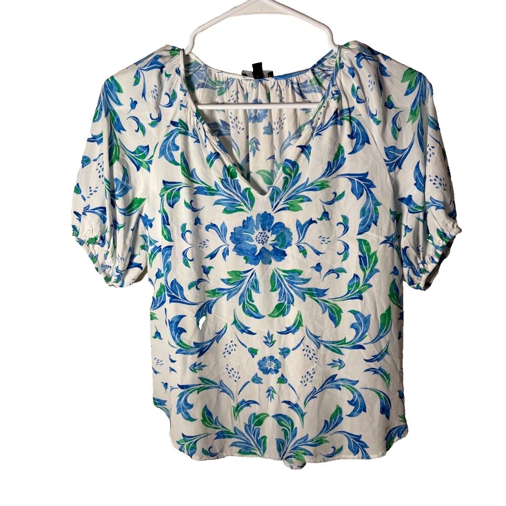 Talbots Blouse Women's XS V-Neck Puff Sleeve Colorful Boho Shirt Top Lightweight
